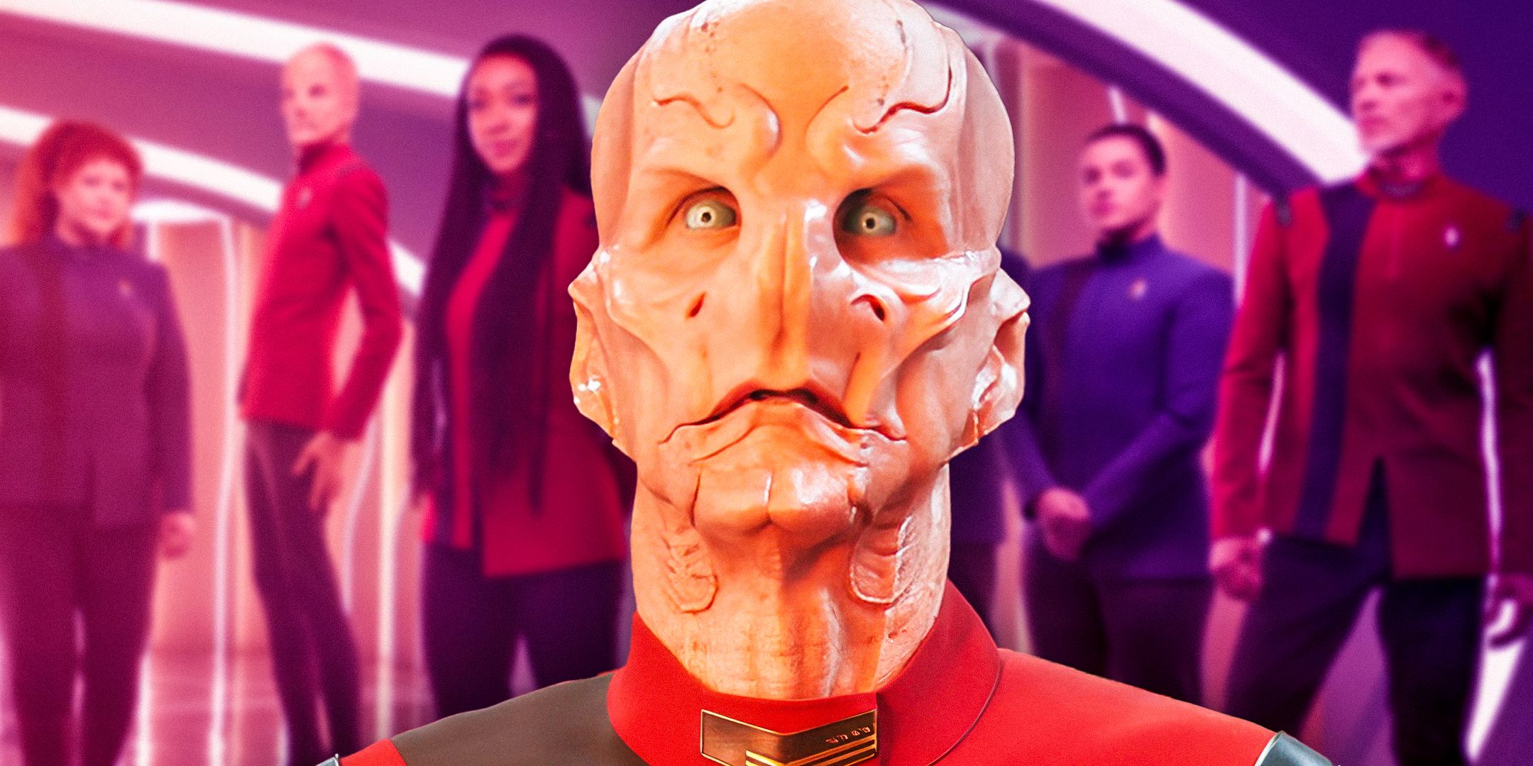 Saru (Doug Jones) looks off-screen with a faded image of the Star Trek: Discovery season 5 cast in the background.