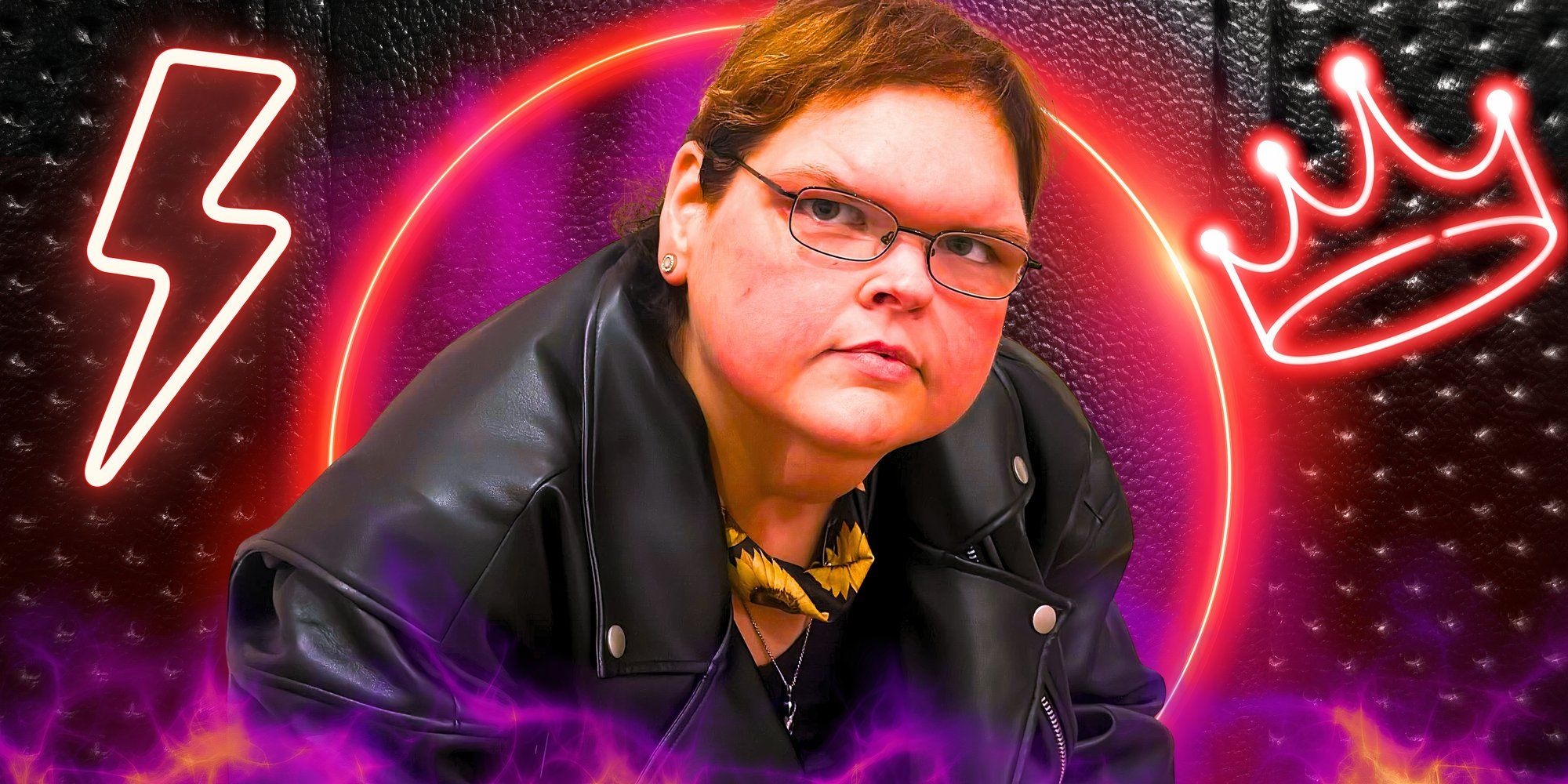 1000-Lb Sisters Tammy in leather jacket with some type of hard rock/hair metal background 