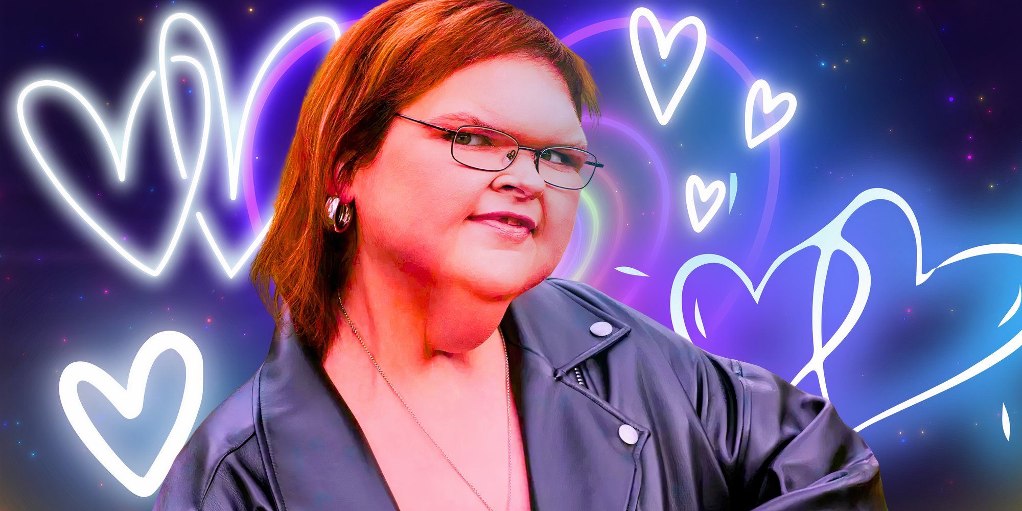 1000-lb sisters tammy wearing leather jacket and glasses with a dark background with hearts