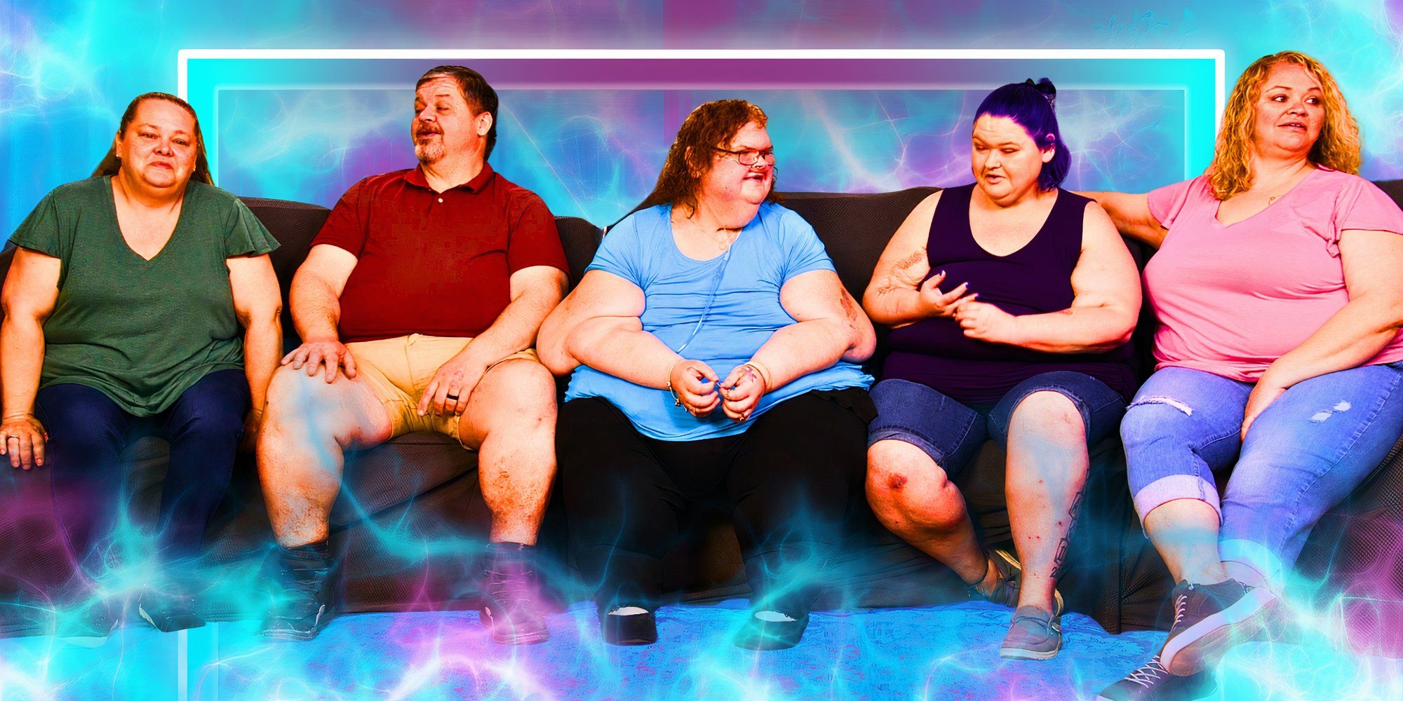the stalon family from 1000-lb sisters sitting on a coach with blue and purple background