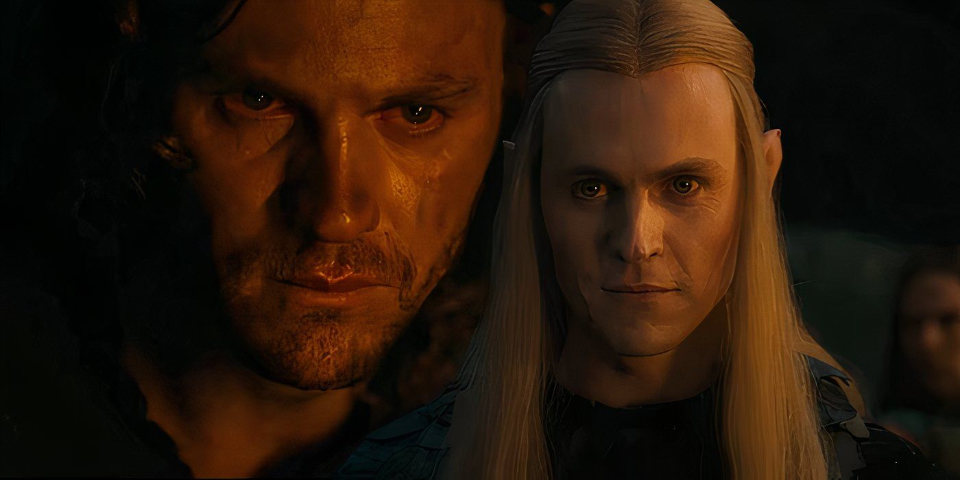 Sauron disguised as Halbrand looking upset next to Sauron disguised as Annatar looking confident in The Lord of the Rings The Rings of Power season 2