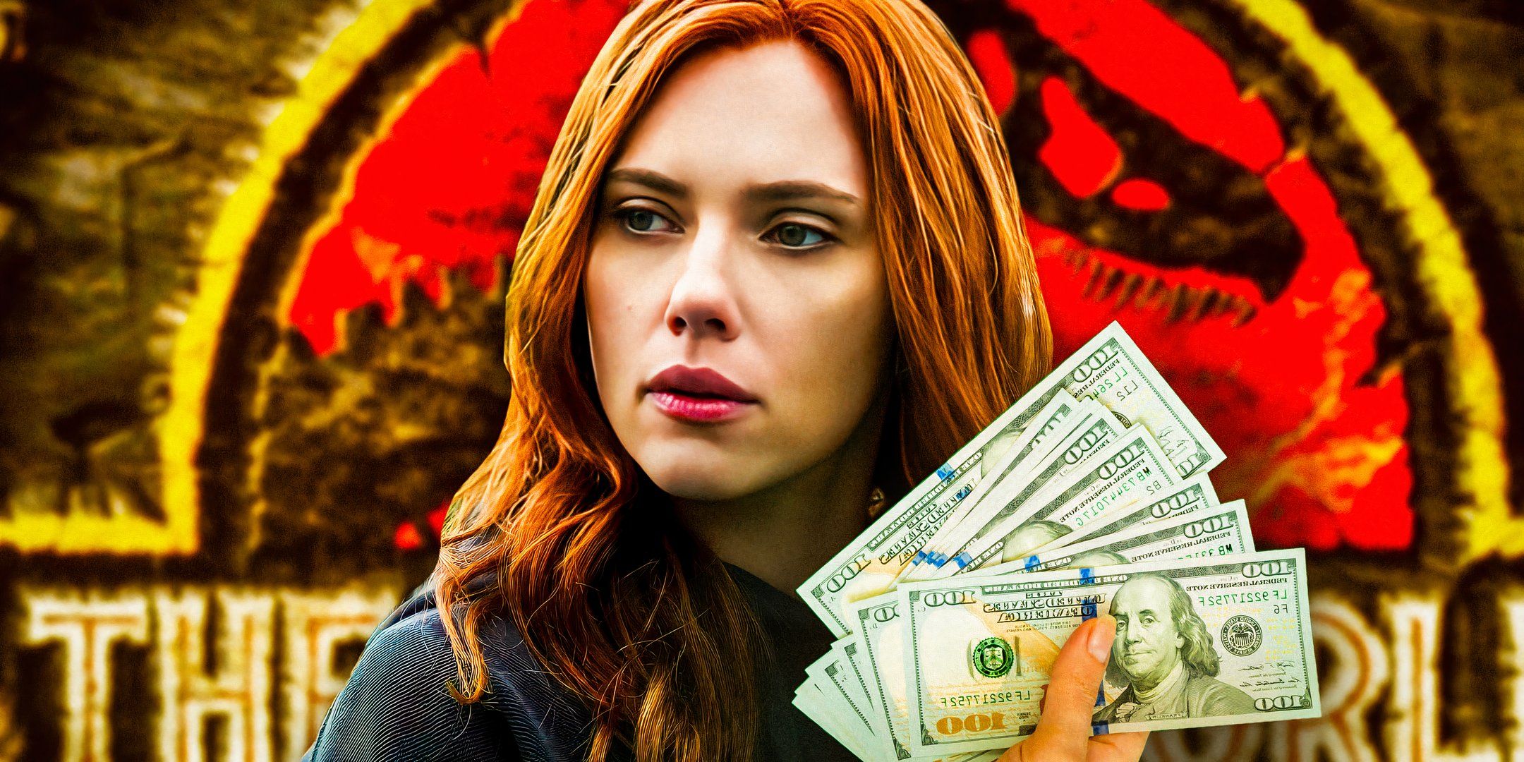 Scarlett Johansson as Natasha Romanoff from Black Widow holding money with the Jurassic World logo in the background