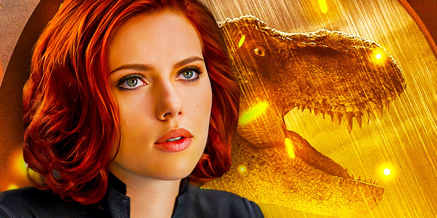 Scarlett Johansson as Natasha Romanoff from The Avengers next to a dinosaur