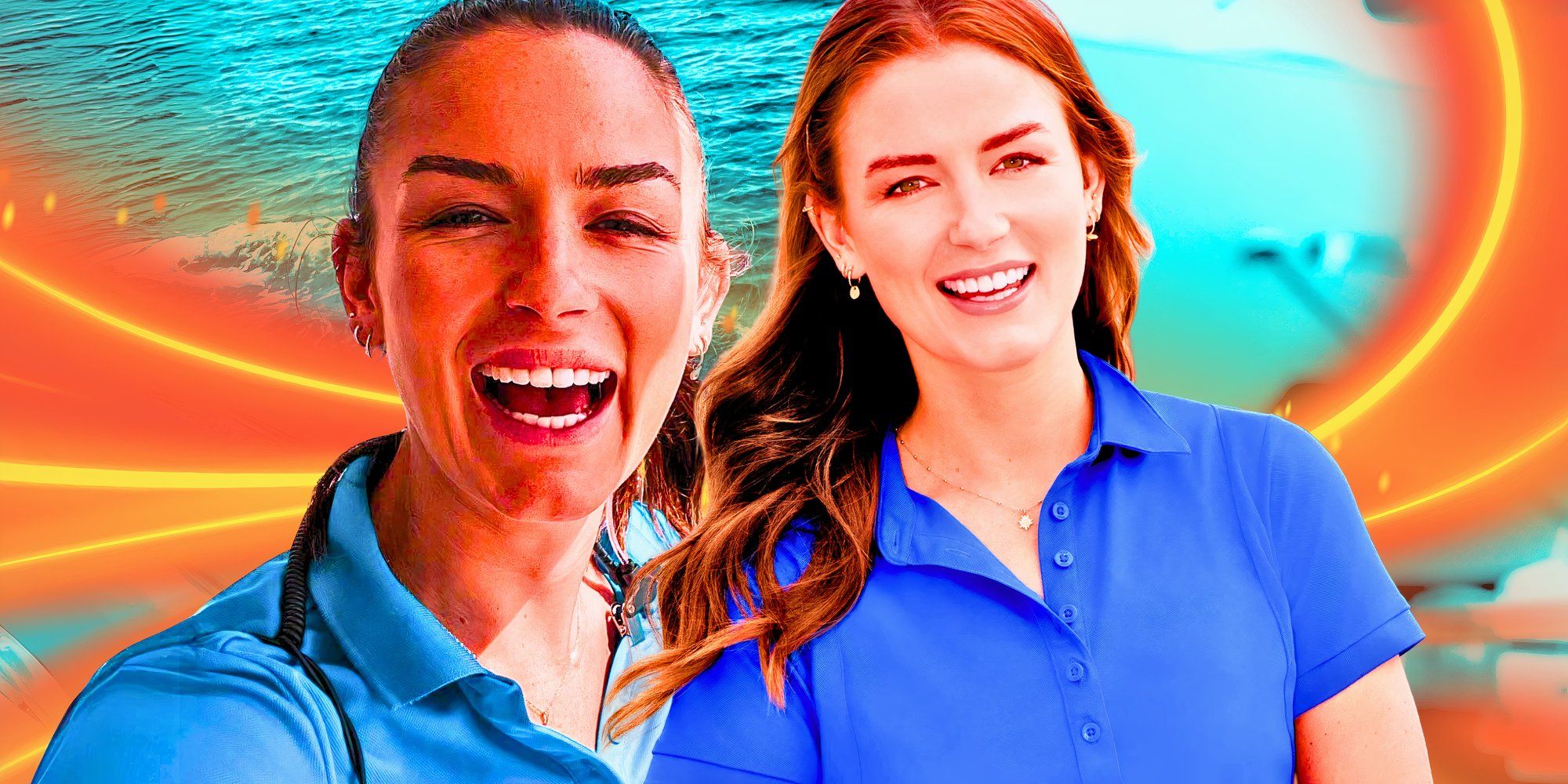 montage of Aesha scott on below deck down under wearing a blue uniform and smiling brightly