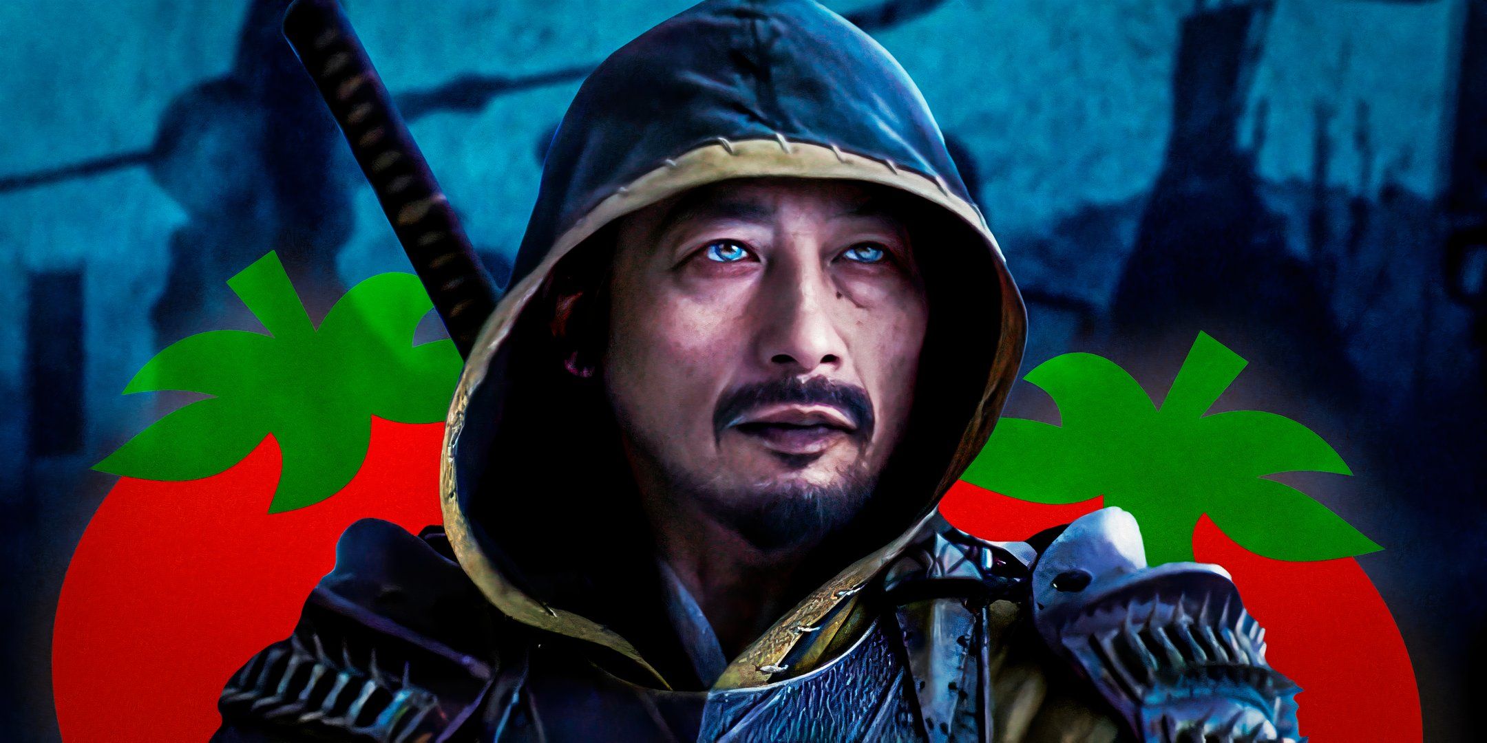 Hiroyuki Sanada as Scorpion in Mortal Kombat (2021) atop logos for Rotten Tomatoes
