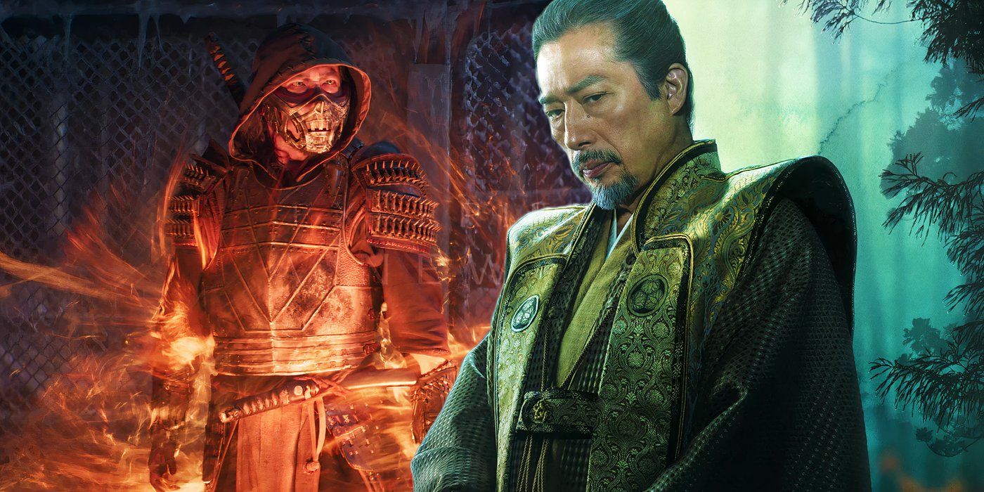 Hiroyuki Sanada engulfed in flames as Scorpion in Mortal Kombat (2021) next to Yoshii Toranaga from Shōgun (2024)