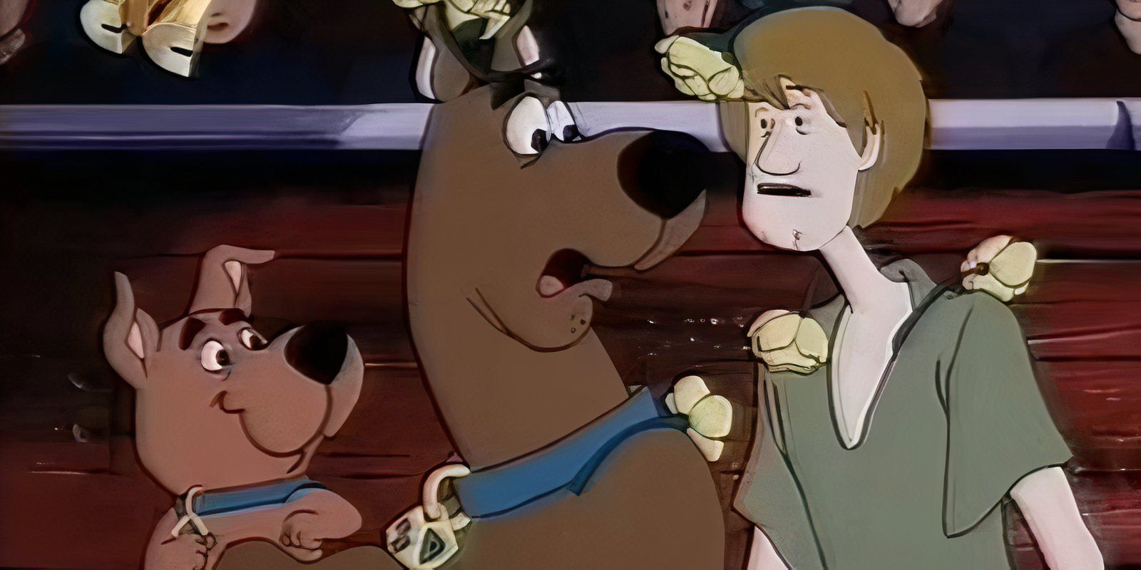Scrappy, Scooby, and Shaggy amid falling flowers in a Scooby Doo animated series