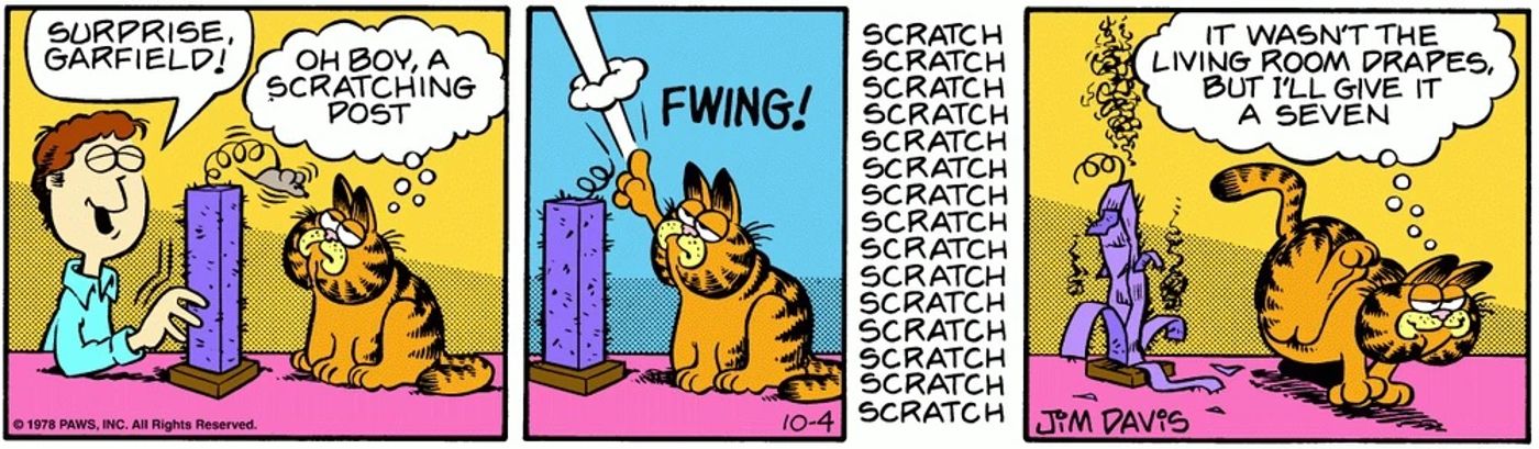 Garfield destrói um novo poste para arranhar que Jon comprou para ele em segundos