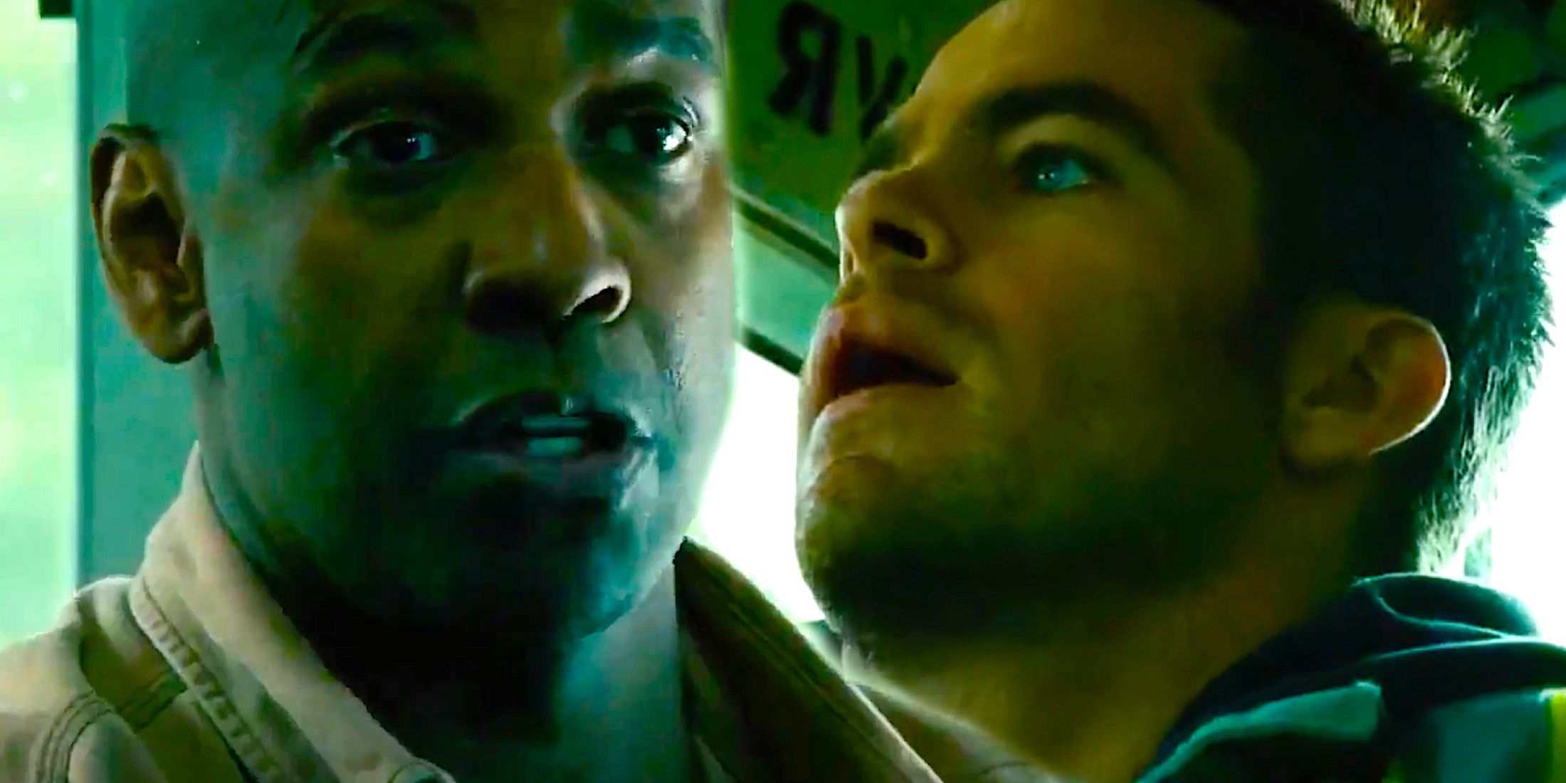 Denzel Washington speaking and Chris Pine looking shocked in Unstoppable