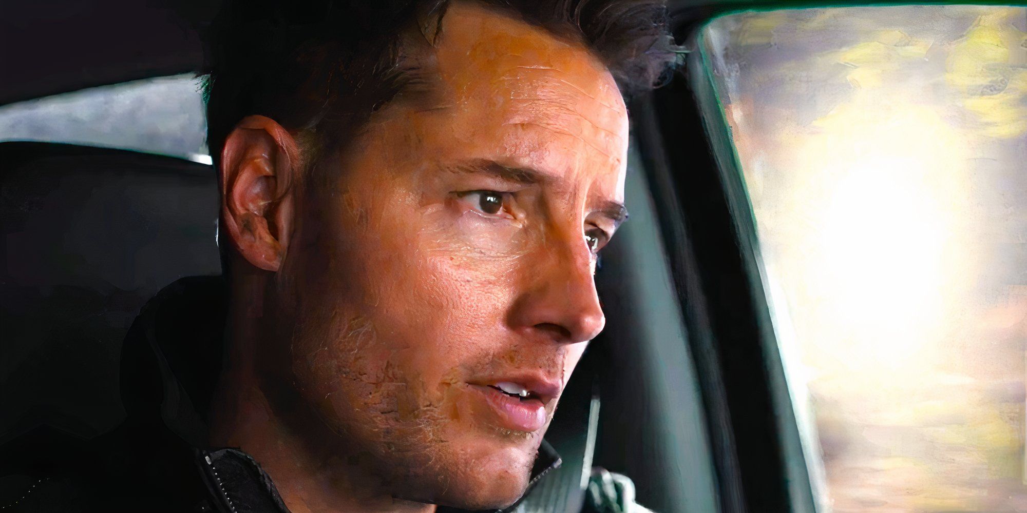 Justin Hartley as Colter Shaw driving in Tracker season 1 finale