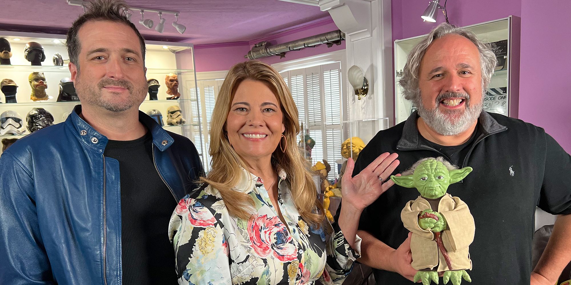 Gus Lopez, Lisa Whelchel, and Rob Klein stand with a Yoda model