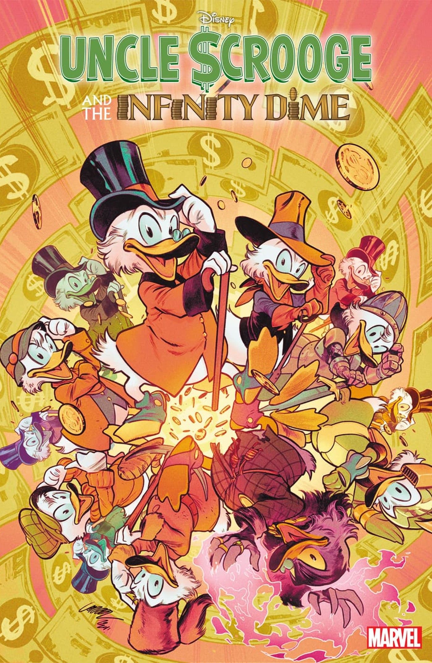 Capa do Scrooge McDuck Multiverse de Pepe Larraz com variantes do Scrooge dispostas em círculo