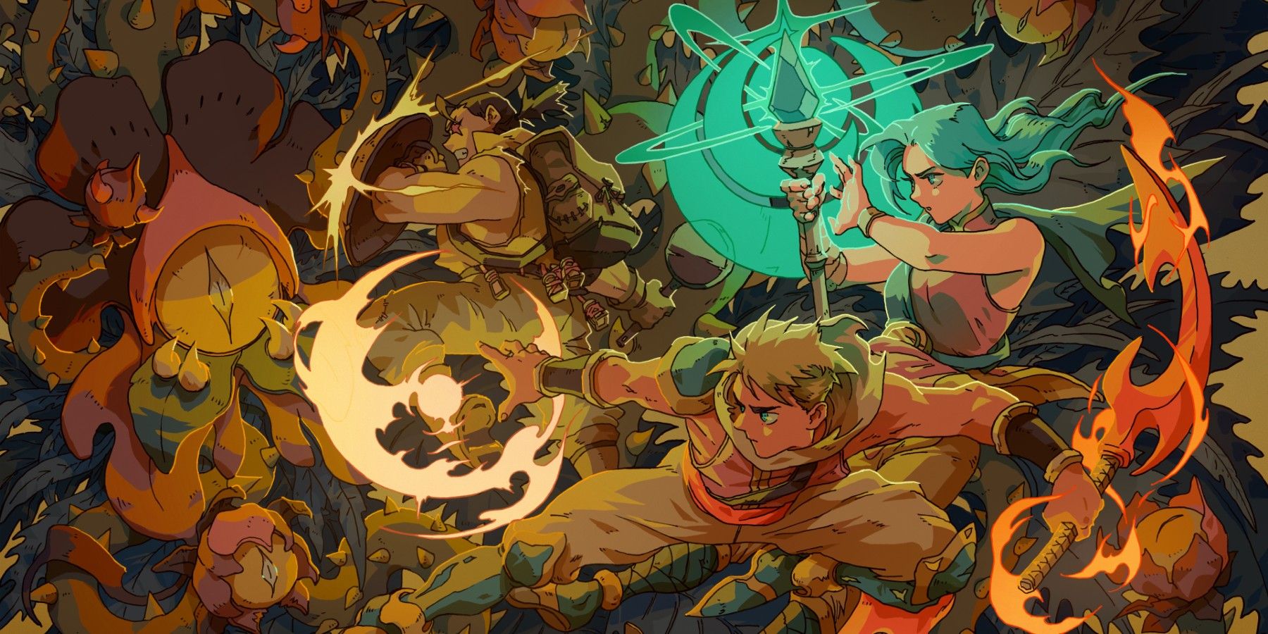 Sea of Stars' protagonists fighting using a glowing blue staff and fire to attack giant monsters.