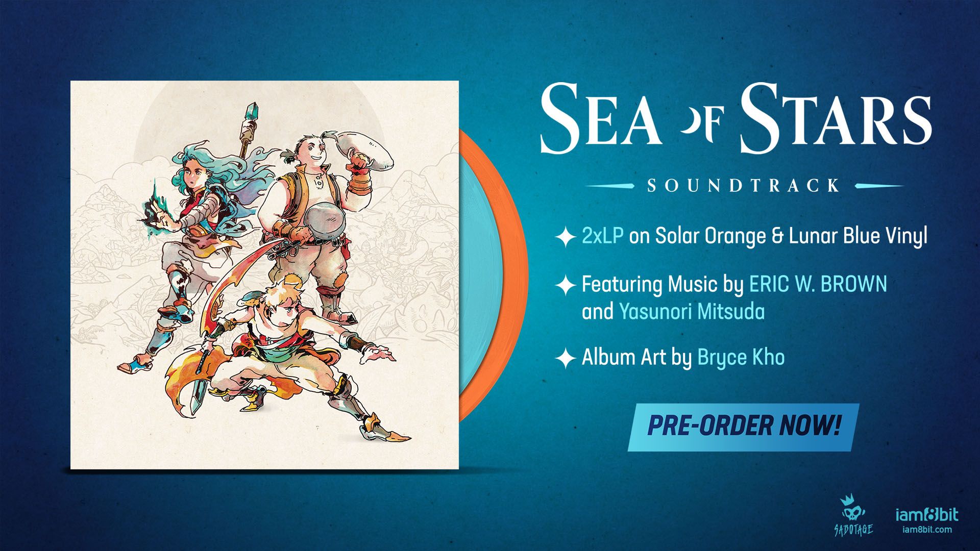 Informações de marketing do Sea Of Stars Vinyl mostrando os discos azuis e laranja, a arte da capa e informações da trilha sonora.