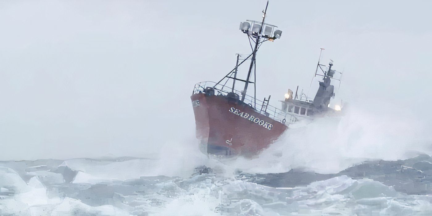 Seabrooke getting hit by a big wave in Deadliest Catch.