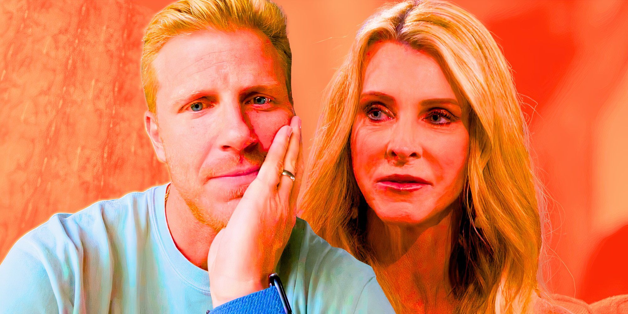 Bachelor Nation&rsquo;s Sean Lowe rests his hand on his chin and The Golden Bachelorette&rsquo;s Joan Vassos has a serious expression on her face.