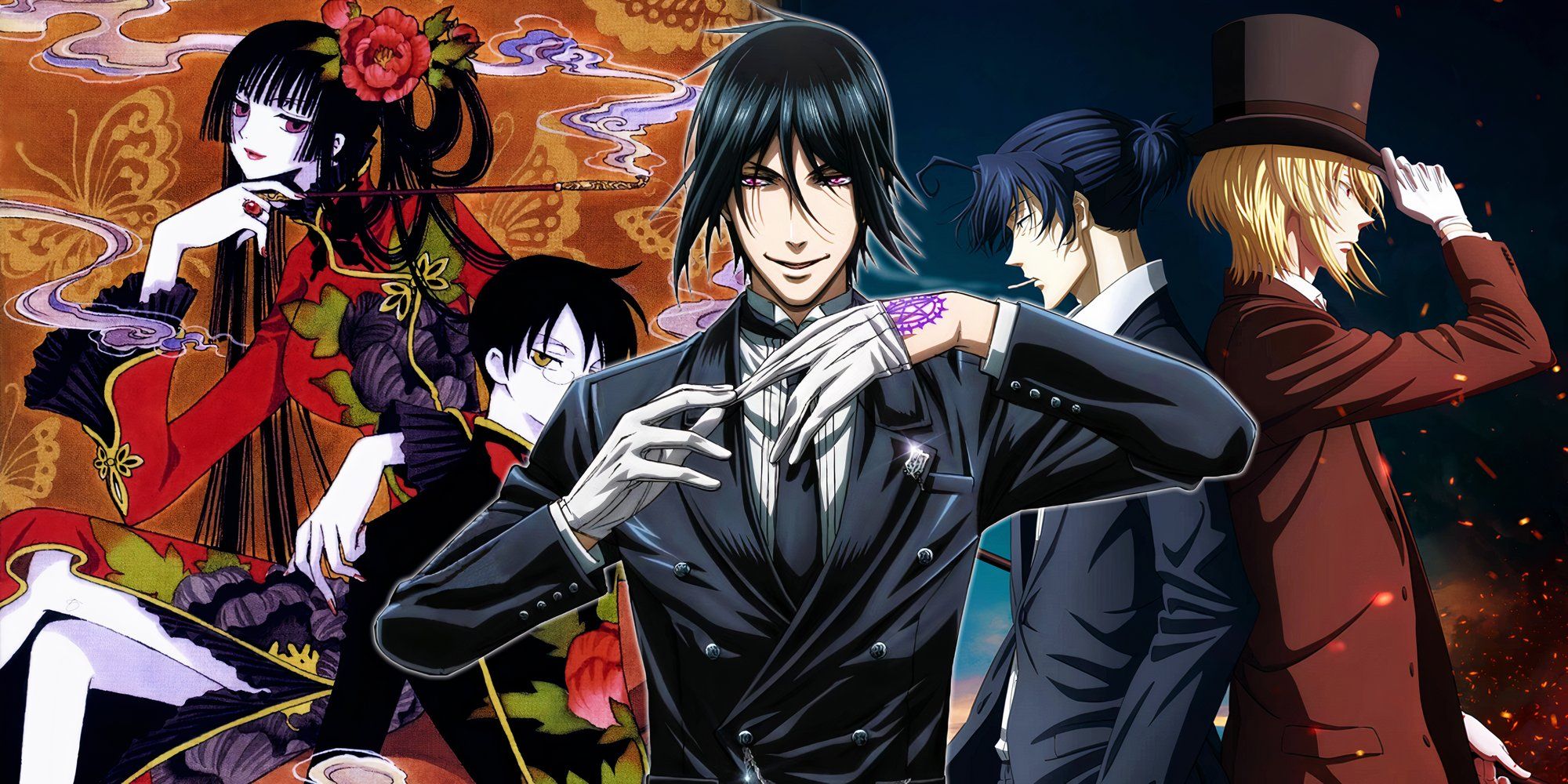 sebastian from black butler in the center taking off his glove with yuko from xxxholic in the background to the left and sherlock and moraiarty from moriarty the patriot standing back to back to the right