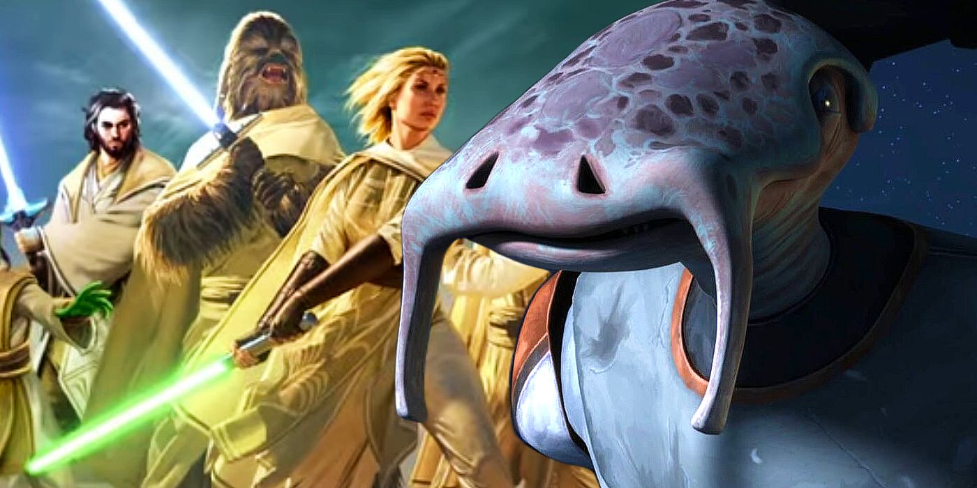 A Selkath from Star Wars: The Clone Wars next to the cover art for Star Wars: Light of the Jedi