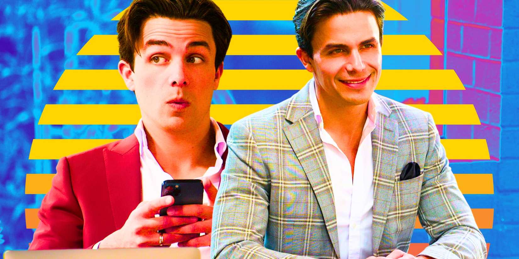 Selling the OC Gio Helou in still images from season 3 montage smiling and looking shocked while using his phone