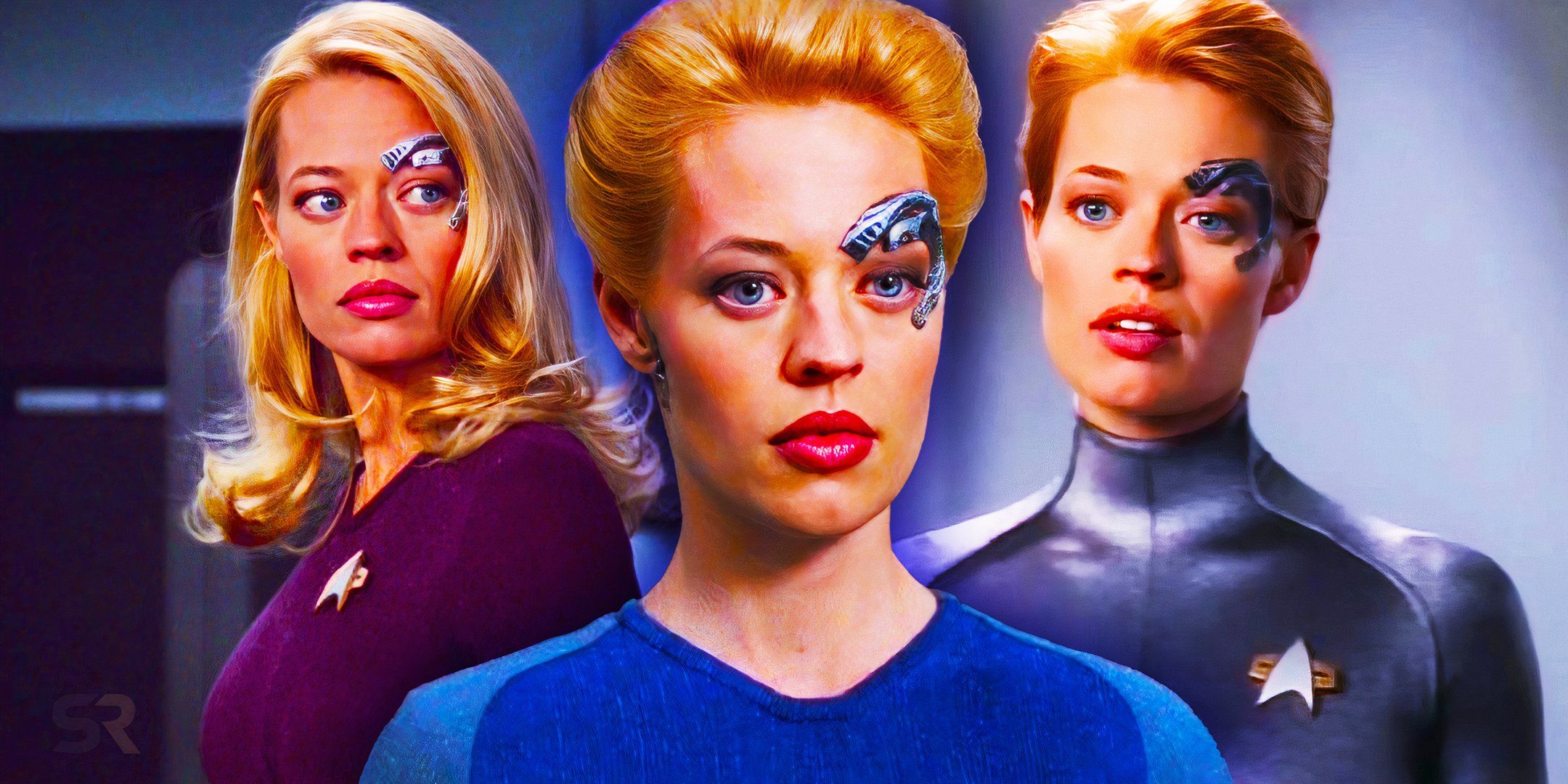 Jeri Ryan as Seven of Nine on Star Trek: Voyager in three different costumes: purple, two-tone blue, and silver catsuits.