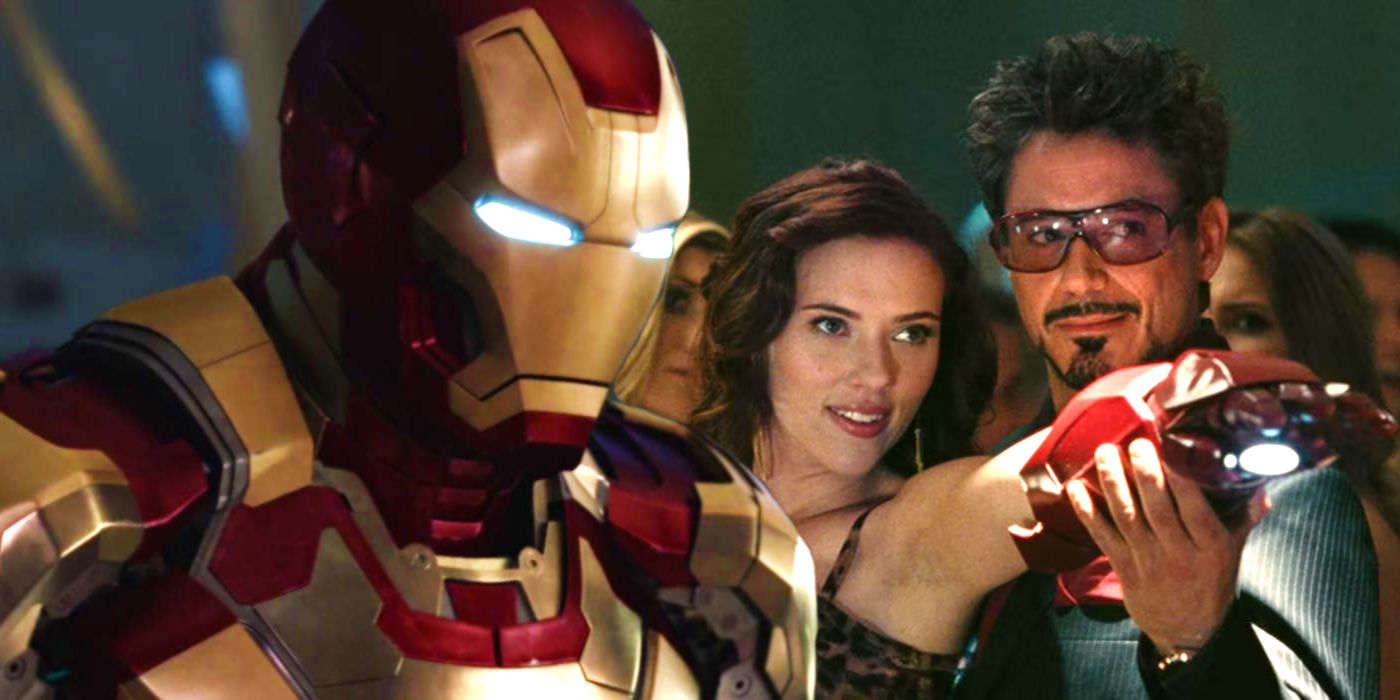 Split image of Iron Man in Iron Man 3 and Natasha Romanoff and Tony Stark in Iron Man 2