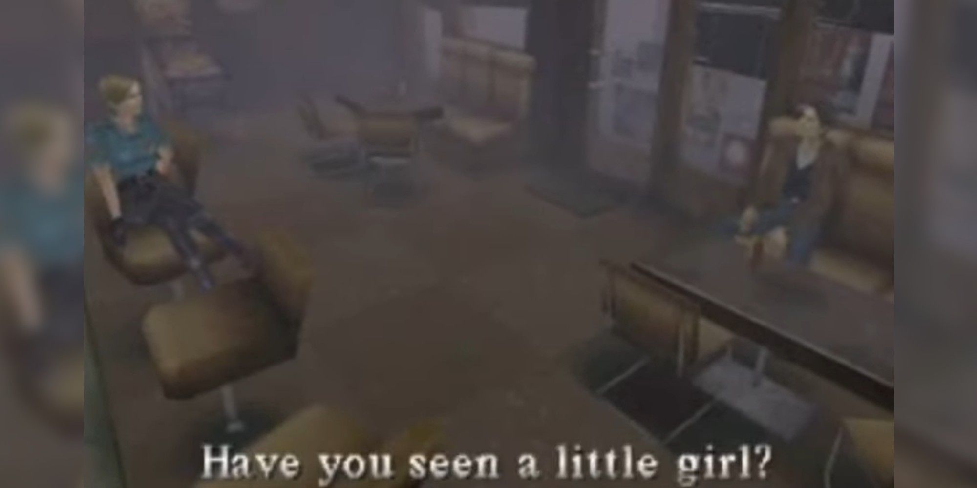 Harry Mason and Cybil Bennett at the cafe in Silent Hill 1. Text reads: Have you seen a little girl?