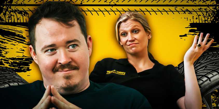 Shots of Shane and Kilah sitting in front of a yellow background with tire tracks