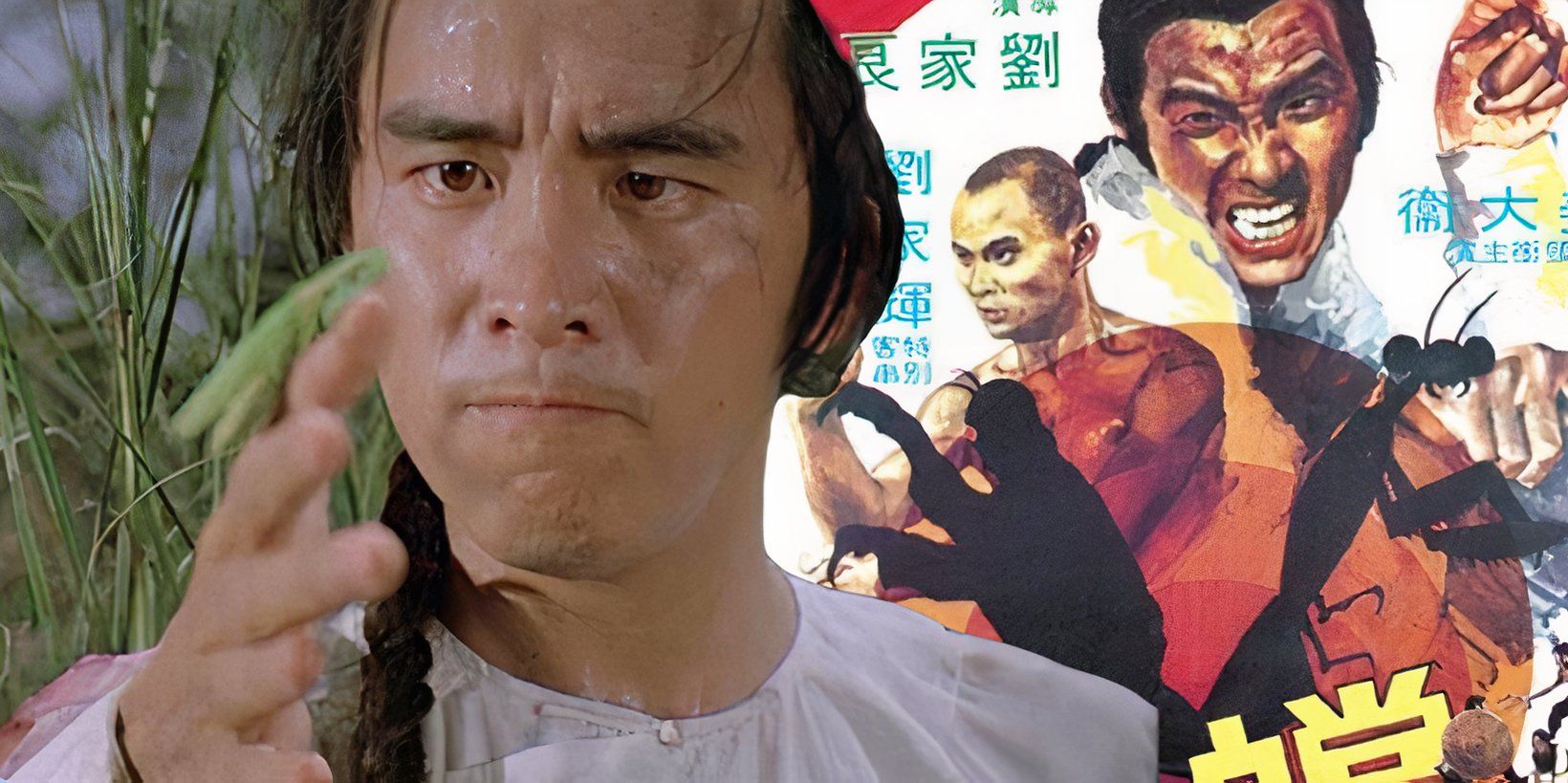 David Chiang as Wei Fung holding a praying mantis in his hand next to the poster for Shaolin Mantis