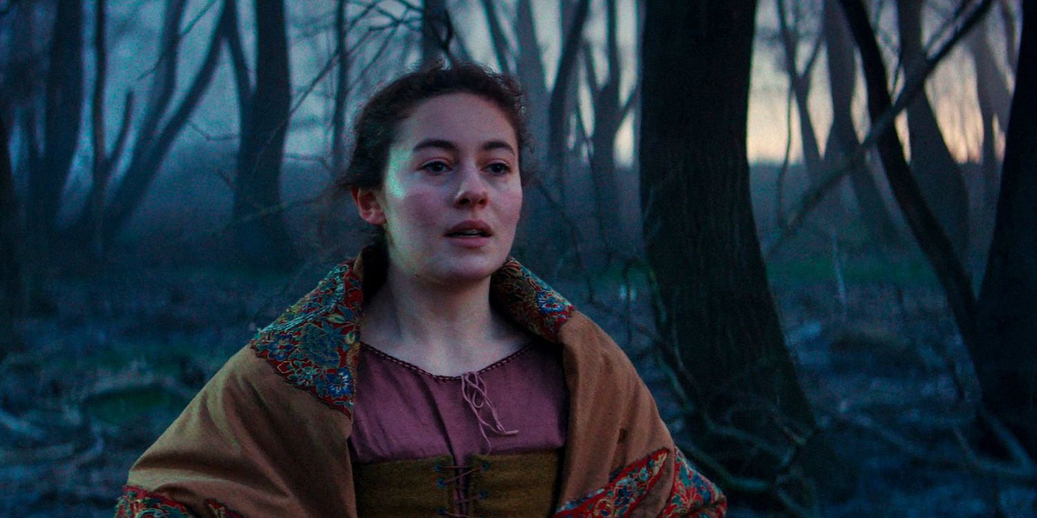 Alice (Ruby Ashbourne Serkis) in the midst of a misty forest in Shardlake season 1