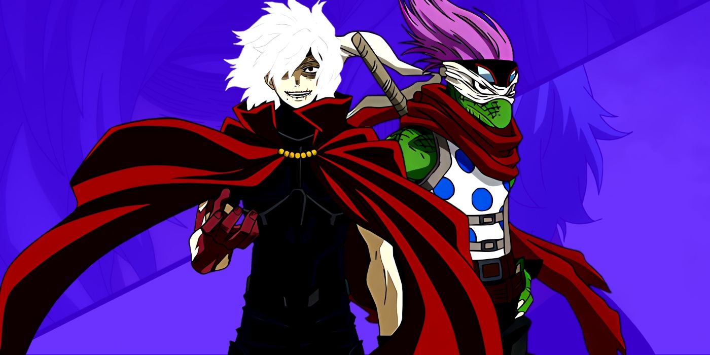 Shigaraki and Spinner standing side by side in their usual costumes. Behind them, moments of Shigaraki can be seen. 