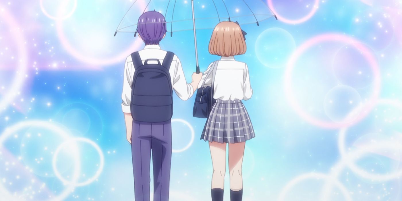 Shintaro e Tsumugi compartilham um guarda-chuva no apartamento estúdio, boa iluminação, anjo incluído