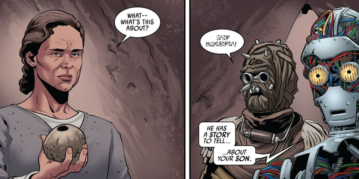Shmi Skywalker conversa com um Tusken Raider que oferece um melão preto e uma história.