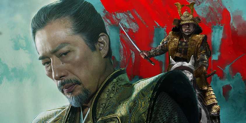 A composite image of Toranaga looking dour imposed over an image of Toranaga riding a horse in Shogun