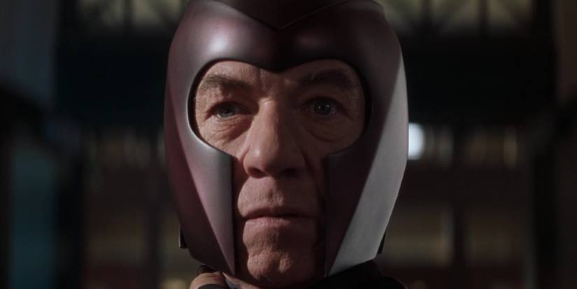 Close-up of Ian McKellen as Magneto wearing his helmet in X-Men (2000)