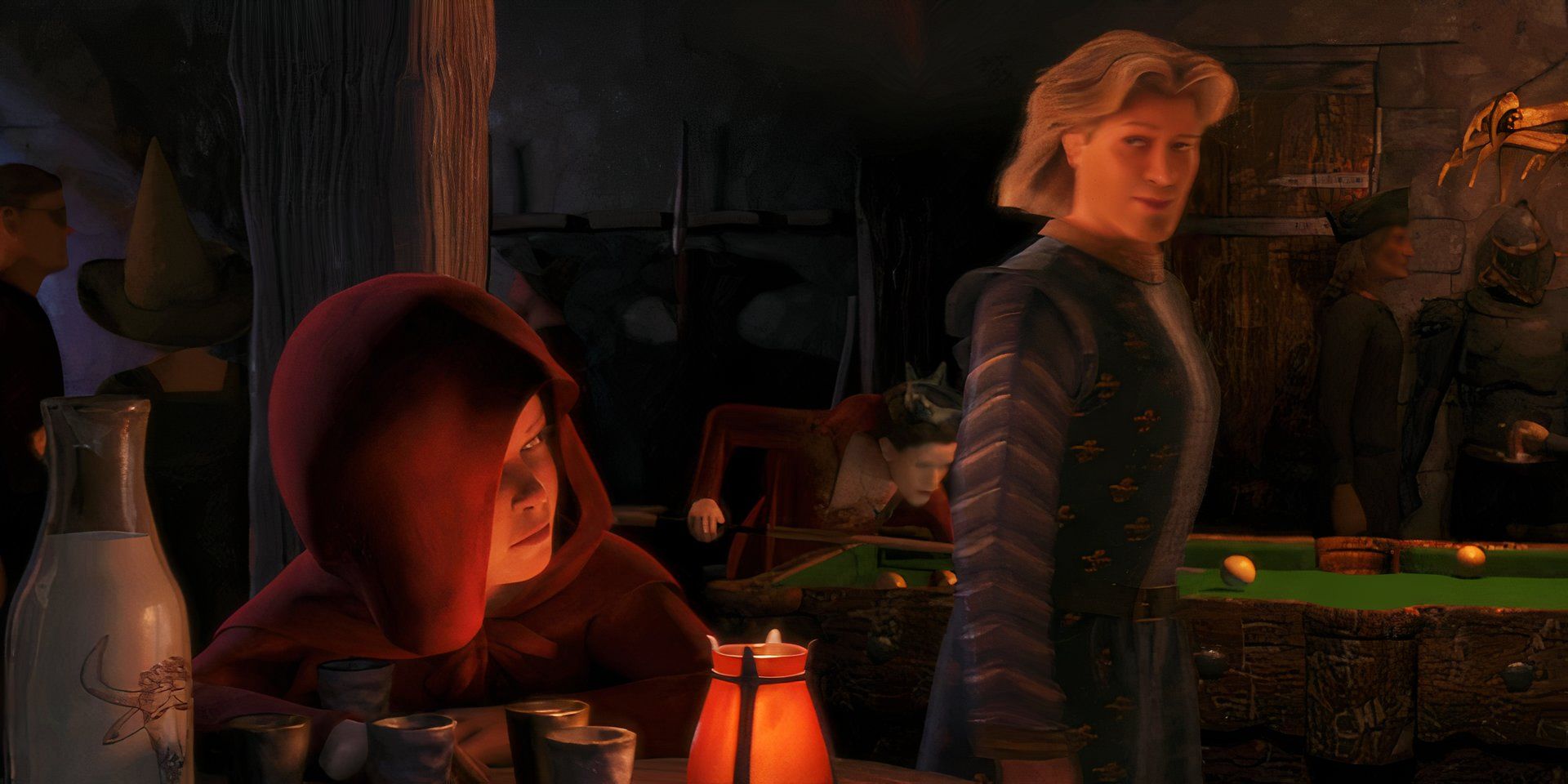 Shrek 3 Little Red Riding Hood looking at Prince Charming at the Poison Apple tavern