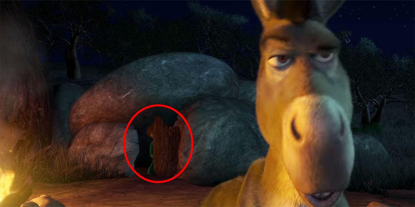 Shrek Donkey at camp with Fiona peaking from the cave