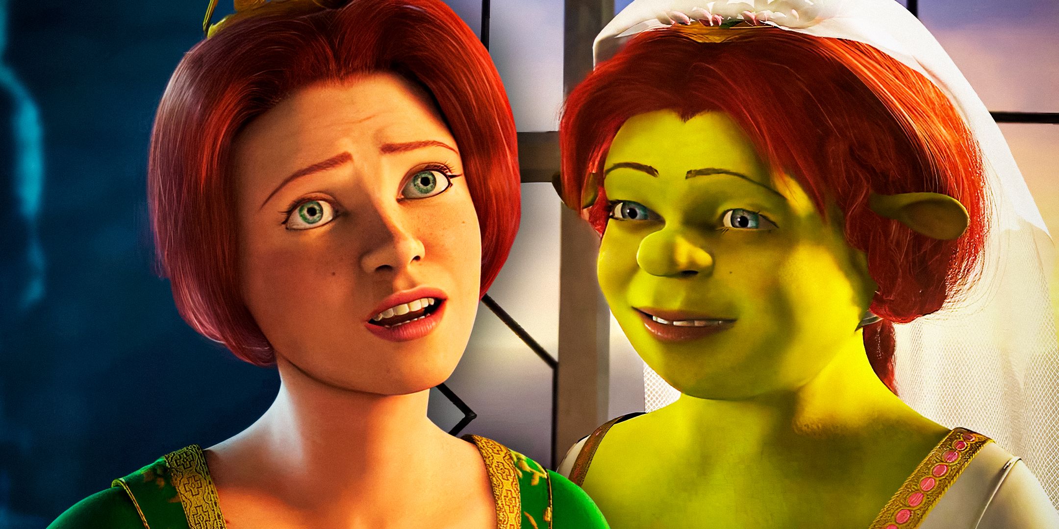 Shrek Fiona in human form and in ogre form at her wedding