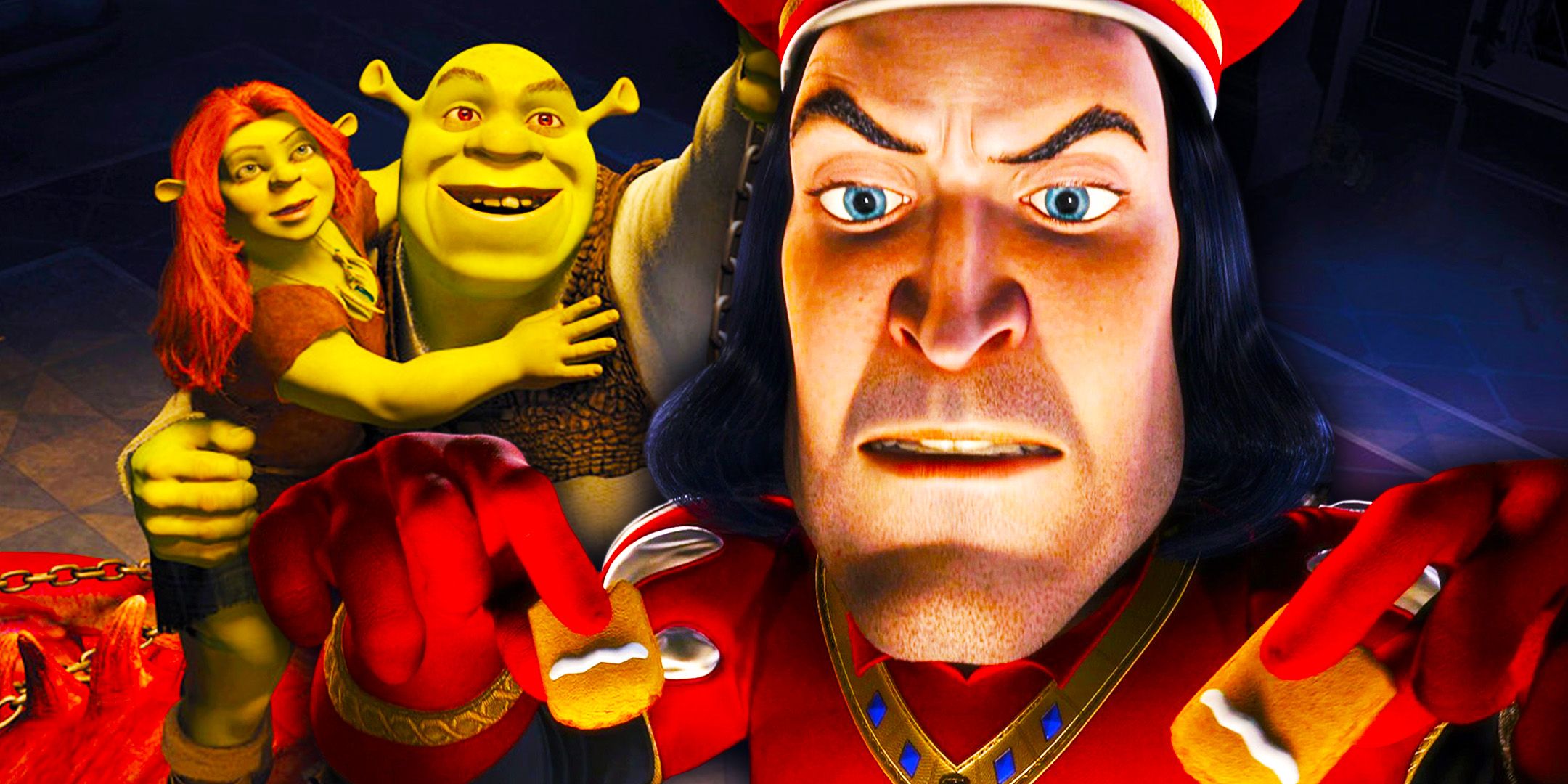 Shrek Forever After Fiona and Shrek next to Lord Farquaad holding Gingy's legs