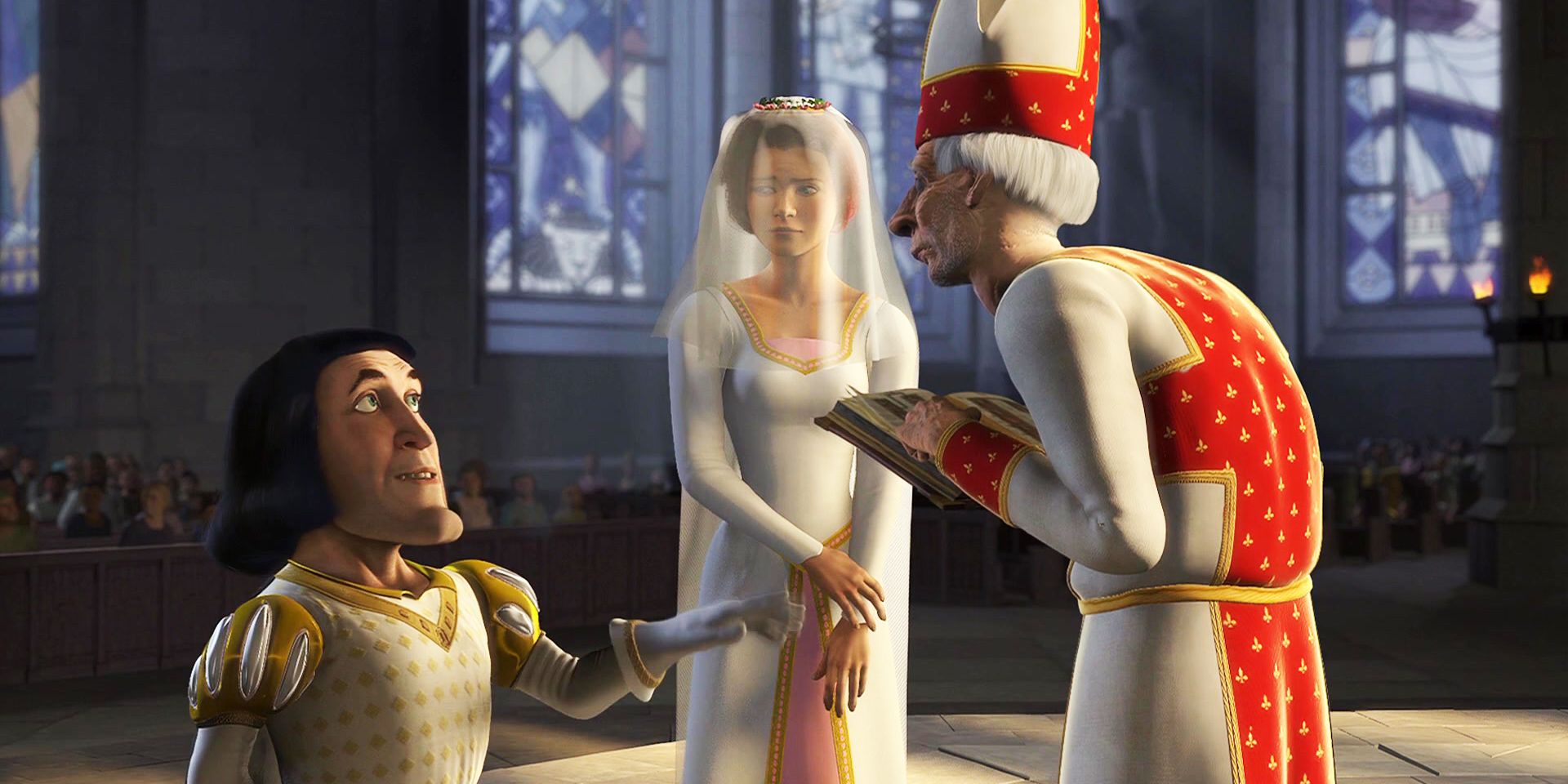 Shrek Lord Farquaad e Fiona mais tarde durante seu casamento