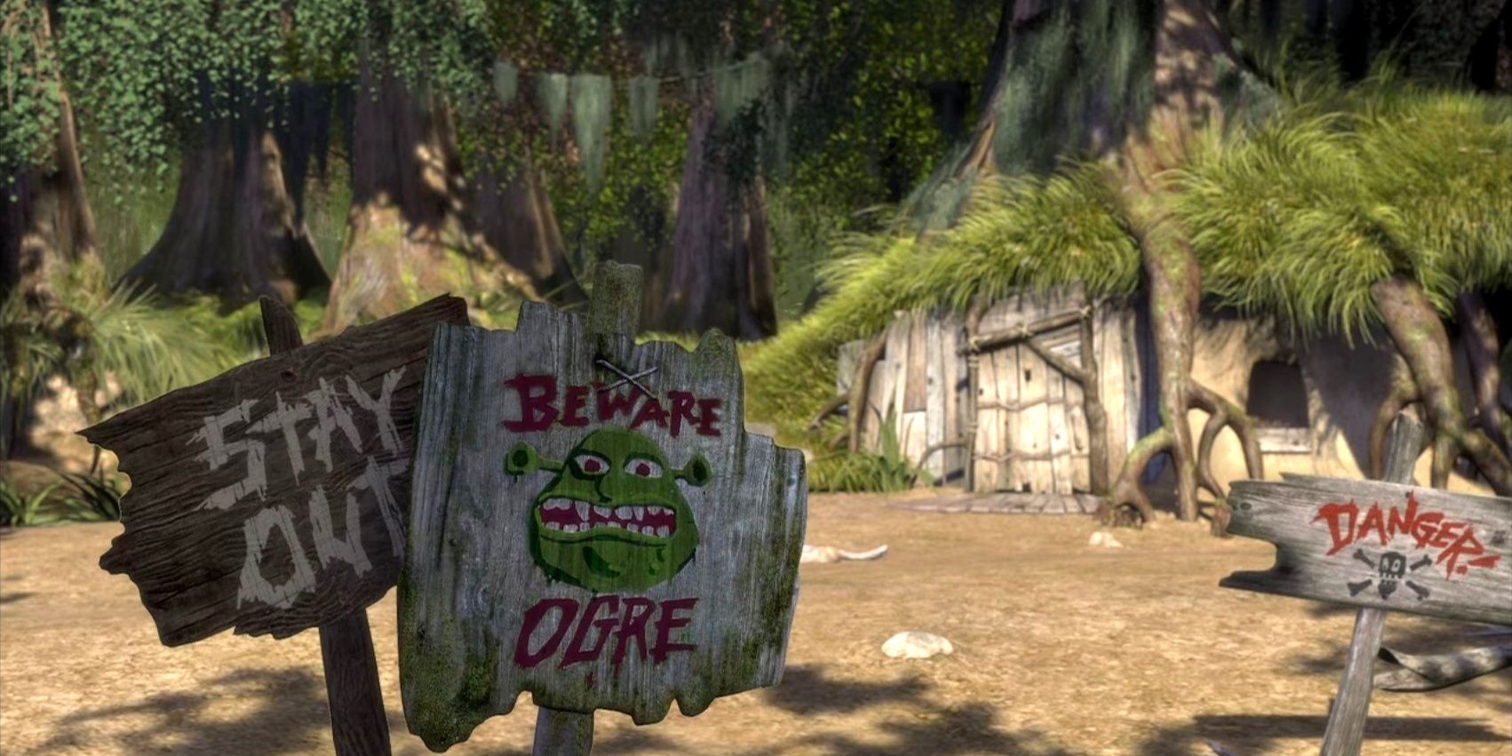 El pantano de Shrek en Shrek y las señales de advertencia de los oggs.