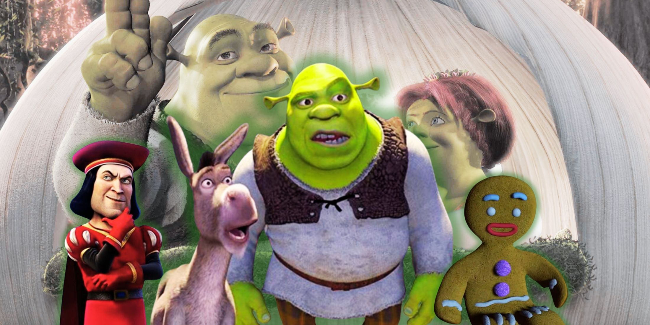 Os personagens de Shrek Farquaad, Donkey, Shrek e Gingy aparecem sobre uma imagem de Shrek e Fiona em sua carruagem de cebola