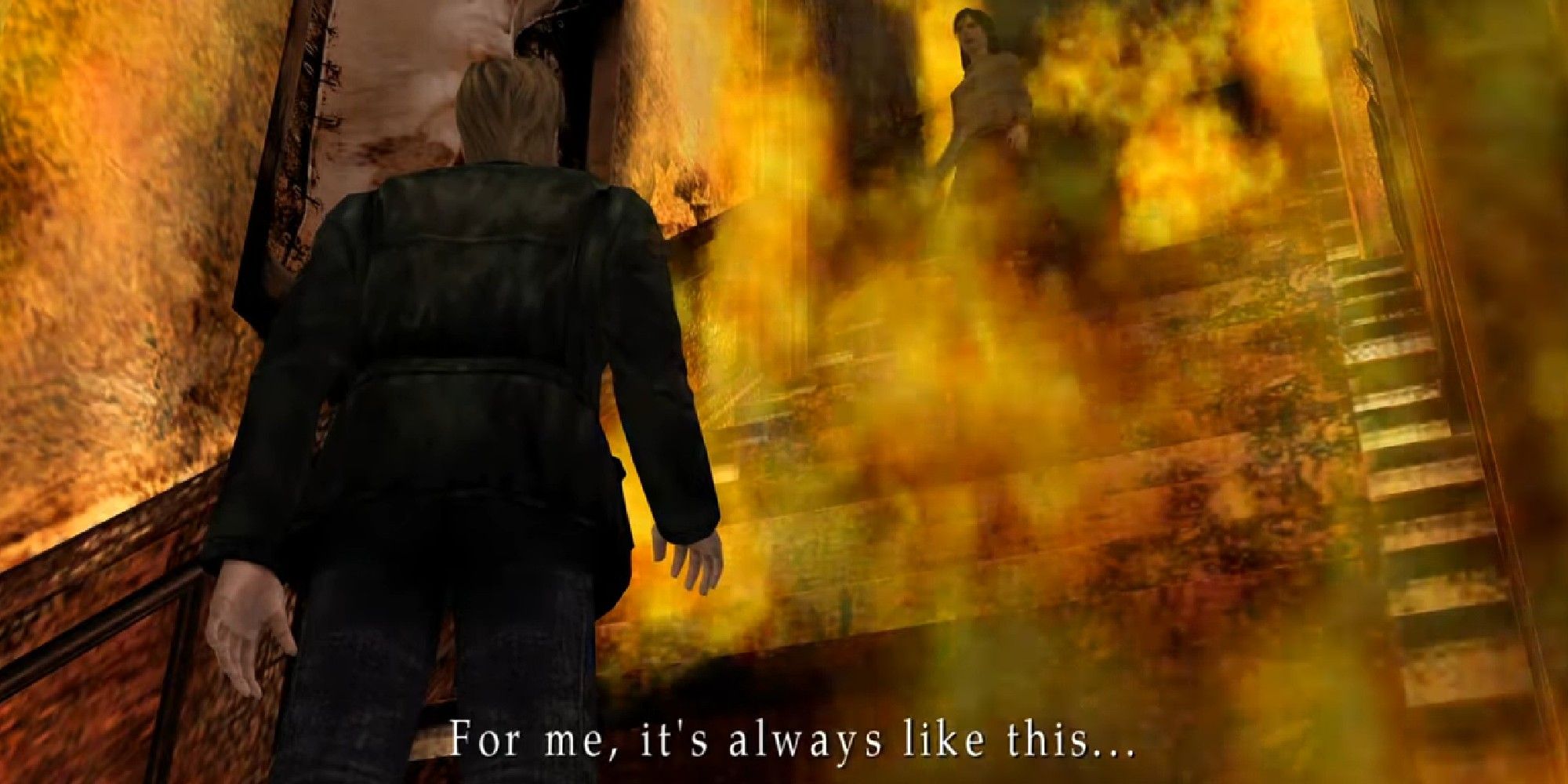 Silent Hill 2: James and Angela on a burning staircase, James looking up at Angela. Text reads: 