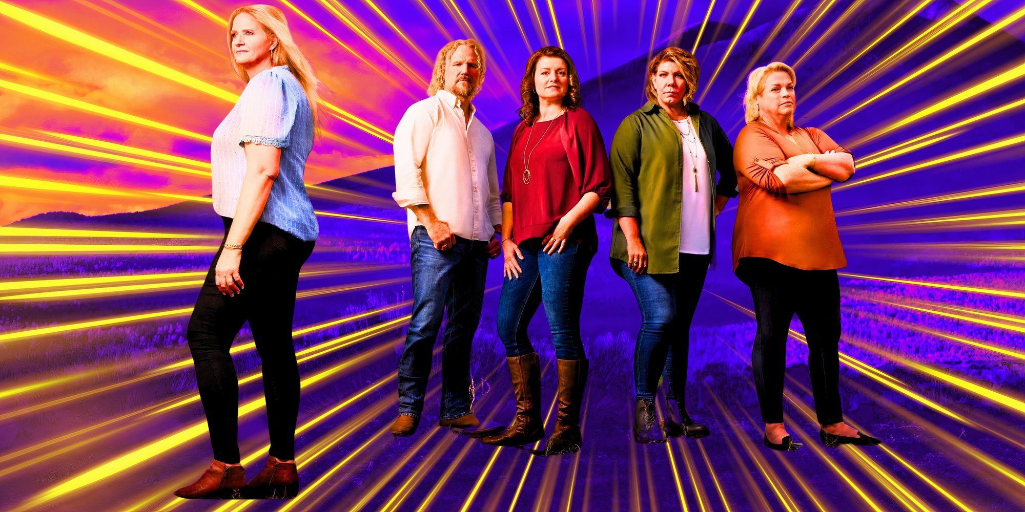 sister wives montage of cast with purple and yellow background