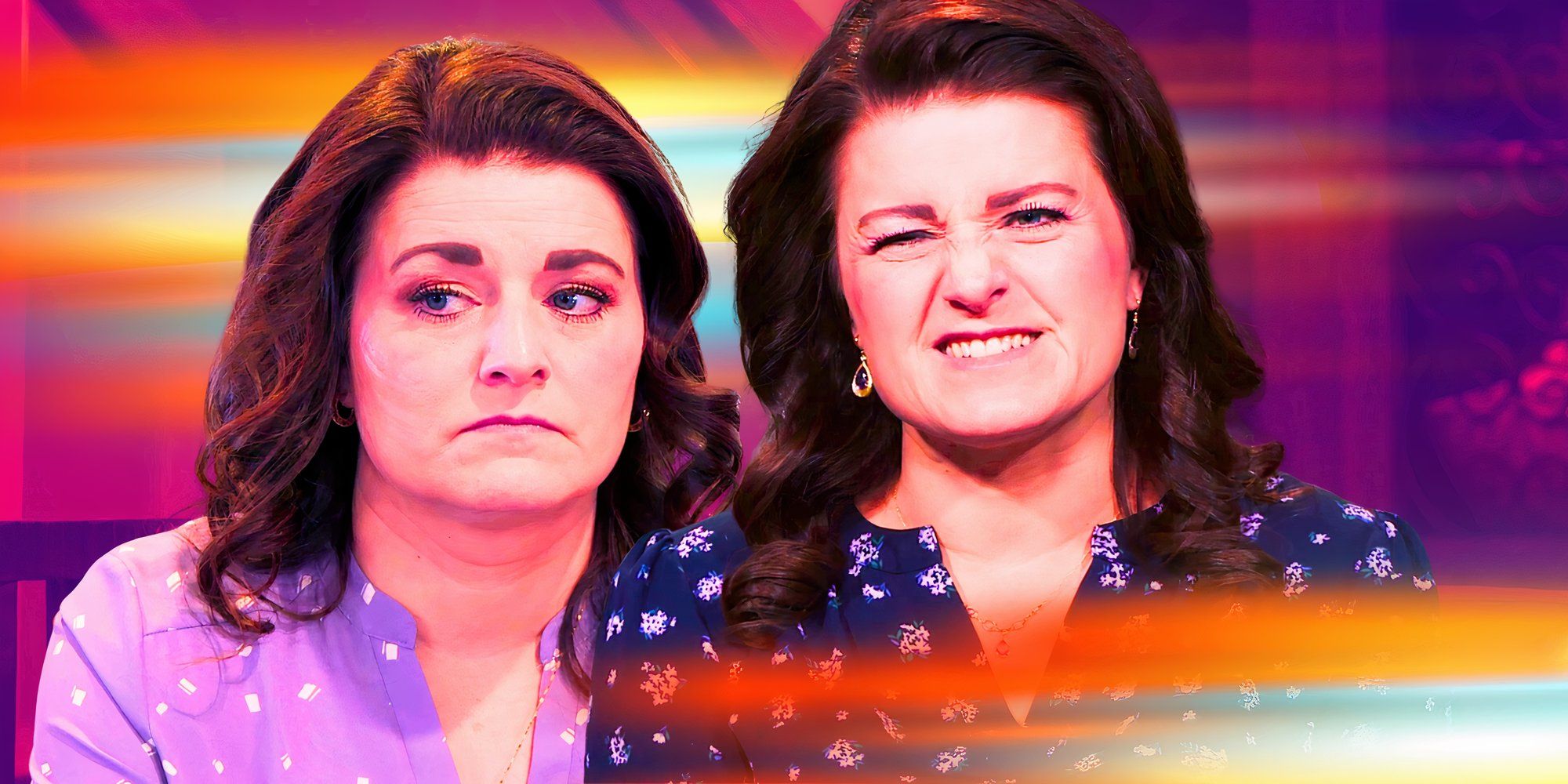 sister wives robyn brown in montage with two expressions and a multicolored background