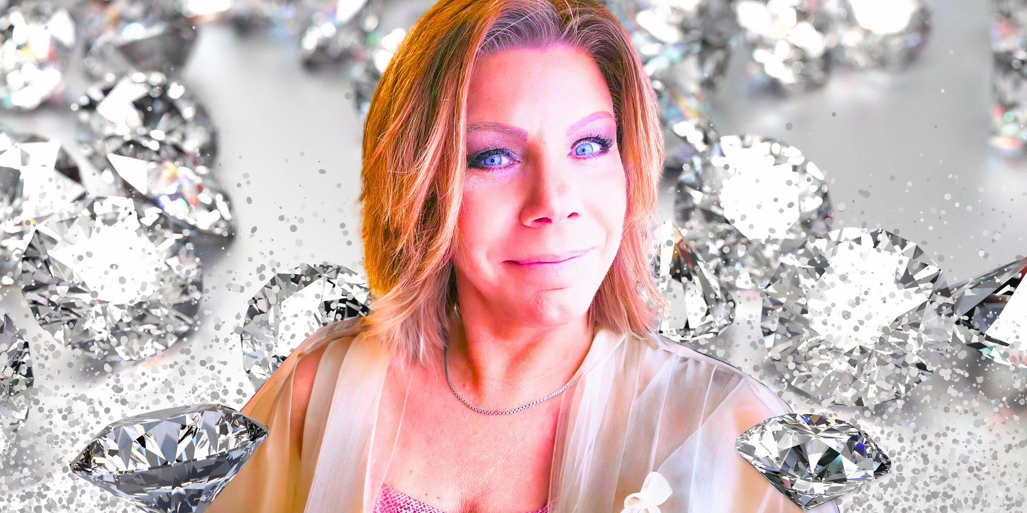 Sister Wives star meri brown in a  montage in white outfit with diamonds in background
