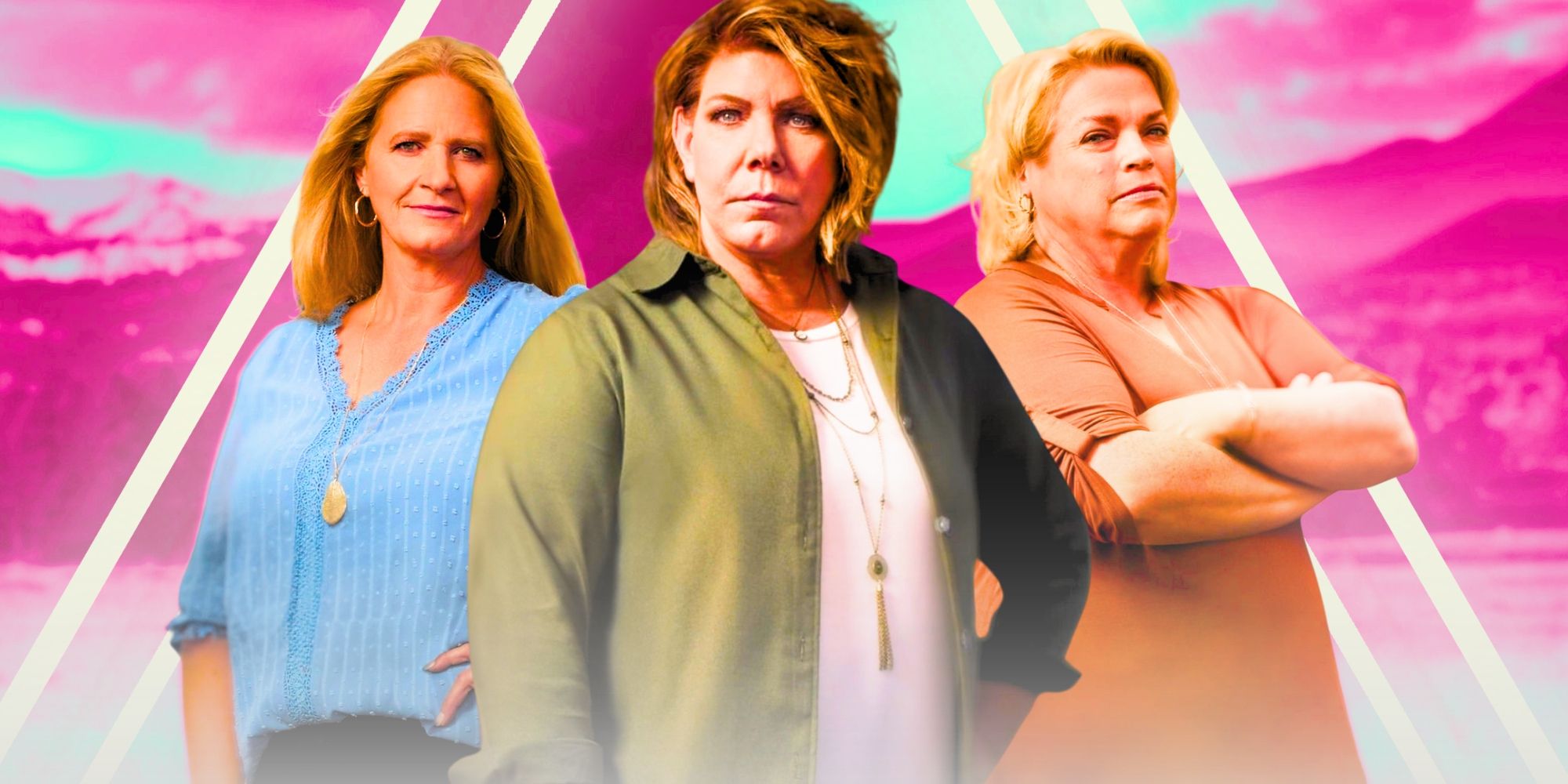 sister wives stars meri janelle and christine brown in montage with pink background