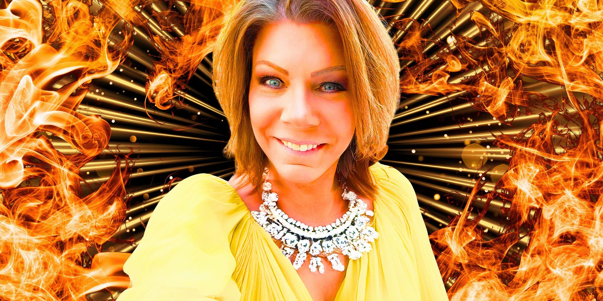 Sister Wives' Meri in yellow wearing diamond necklace with fire background