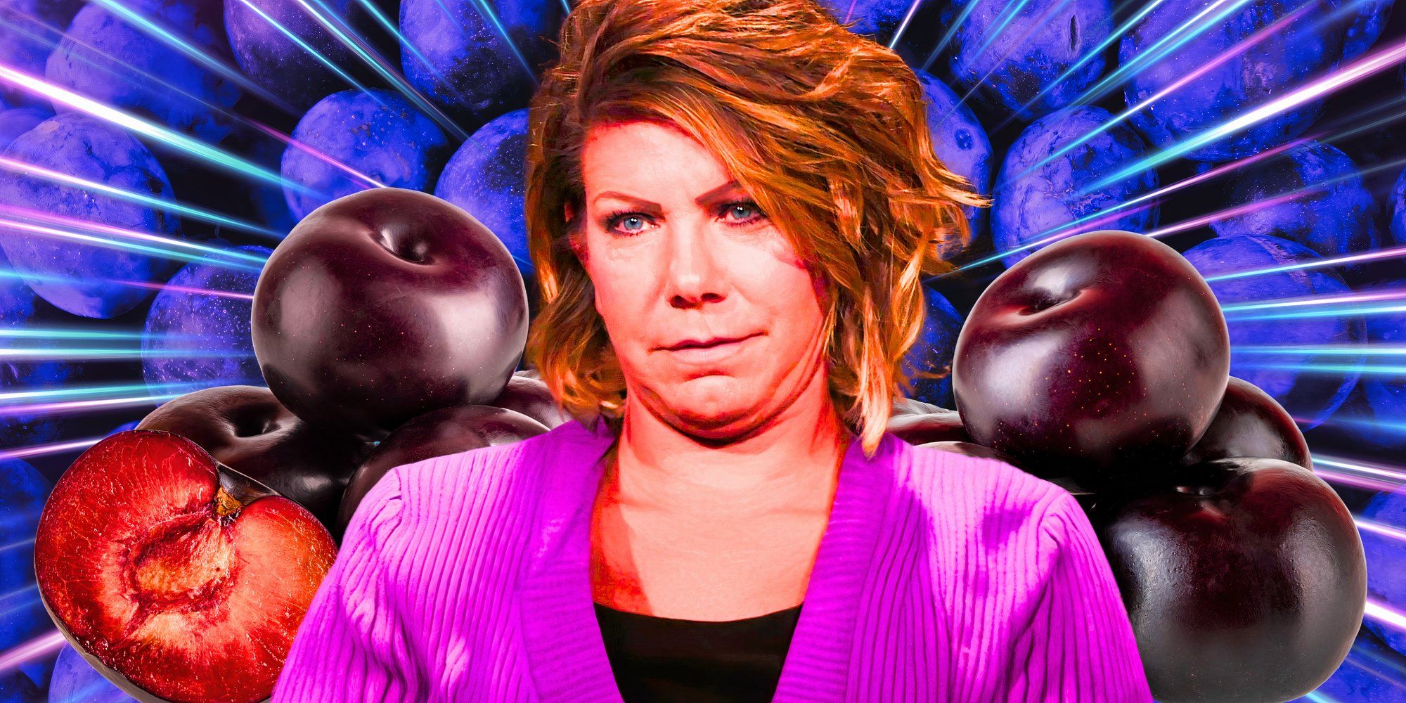 Sister Wives Meri brown montage, she's wearing plum, with a pile of plums in the background