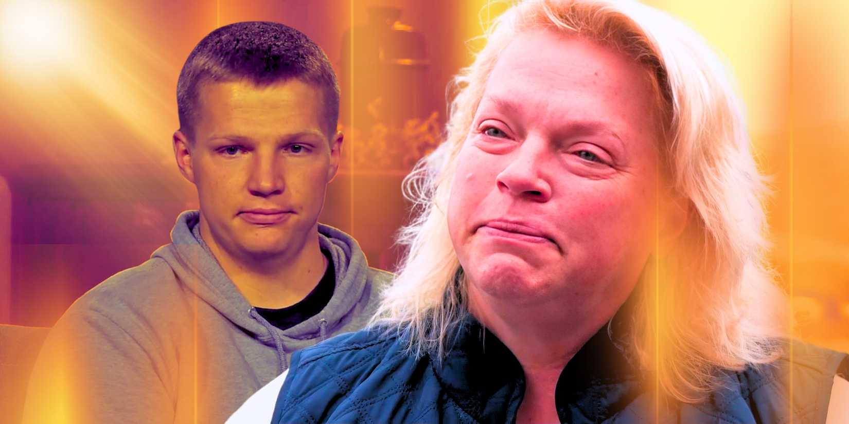 Sister Wives' Janelle Brown with Garrison Brown behind her against an orange backdrop