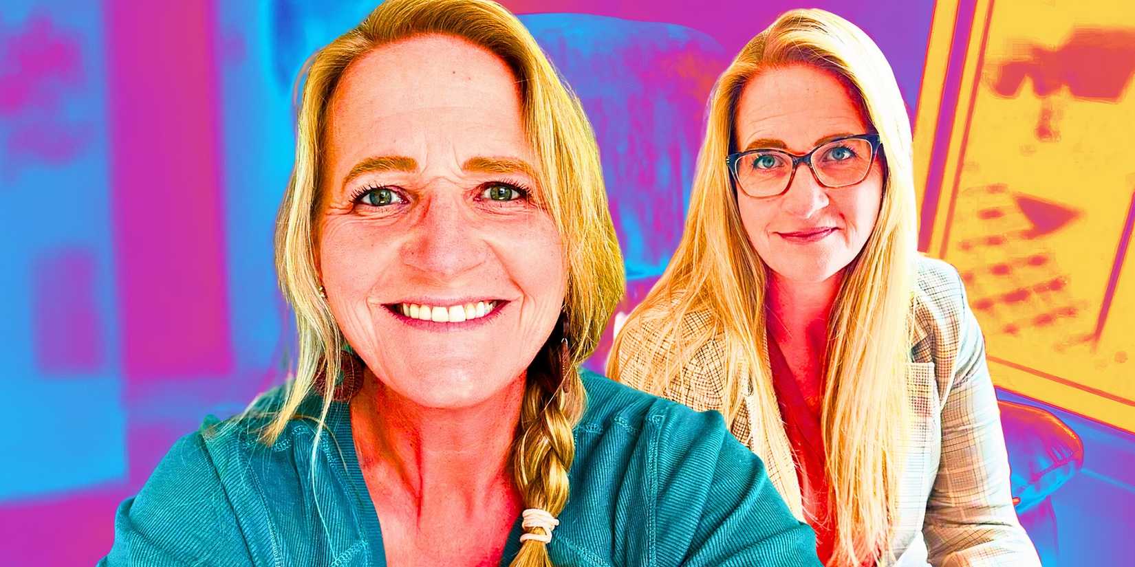 a montage of sister wives star christine brown smiling and wearing glasses